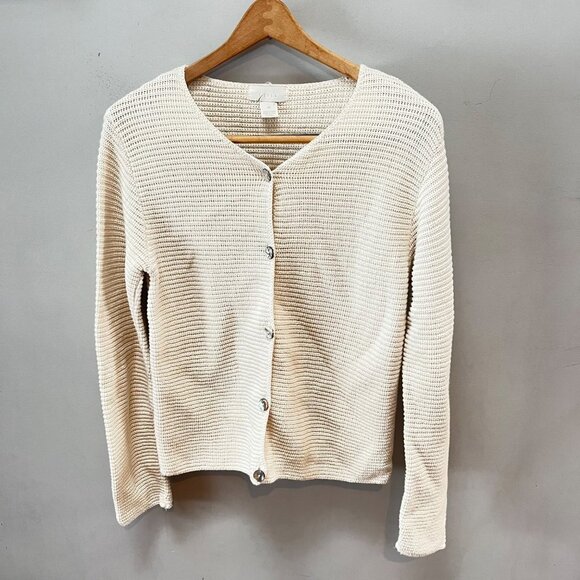 Vintage J. Jill Womens XS Beige Waffle Knit Cotton Cardigan Sweater Mother of Pe - Picture 1 of 5